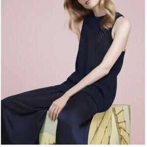 Vince Coastal Cotton Sleeveless Sweater S Navy Blue Open Knit Capsule Minimalist